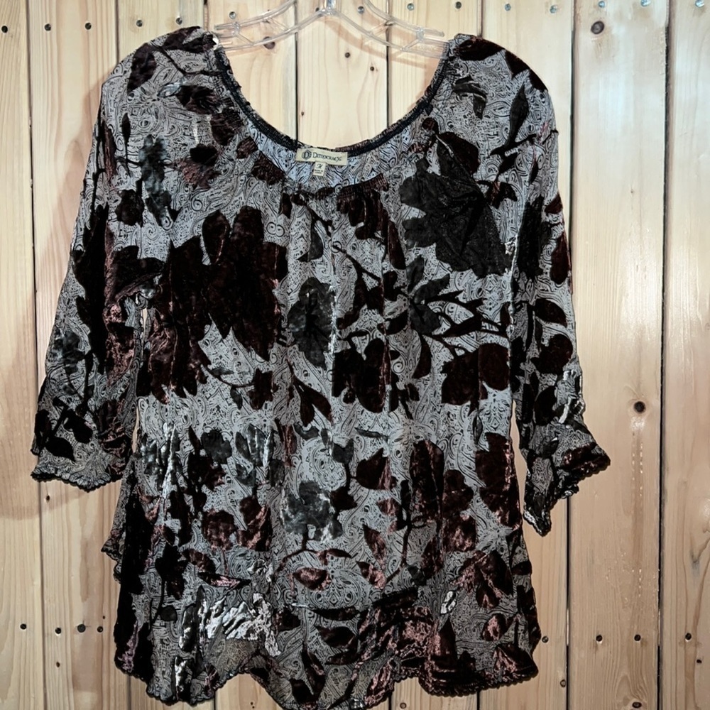 Democracy Sheer Floral Gray Purple Blouse M